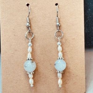 Stainless Steel Dangle Earrings Genuine Freshwater Pearls & Termalinated Quartz